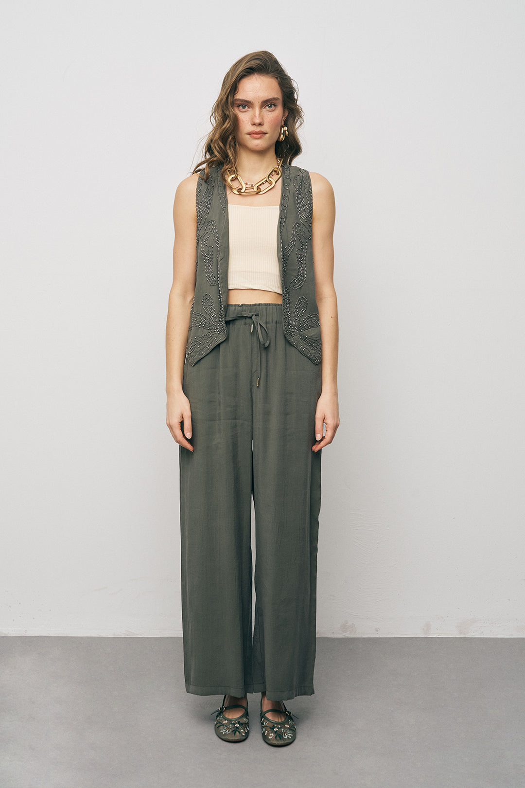 Orfeonegro Boncuk İşlemeli Kısa Haki Yelek