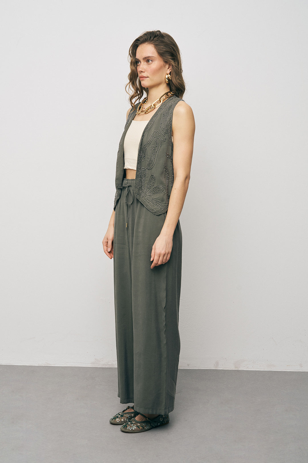 Orfeonegro Boncuk İşlemeli Kısa Haki Yelek