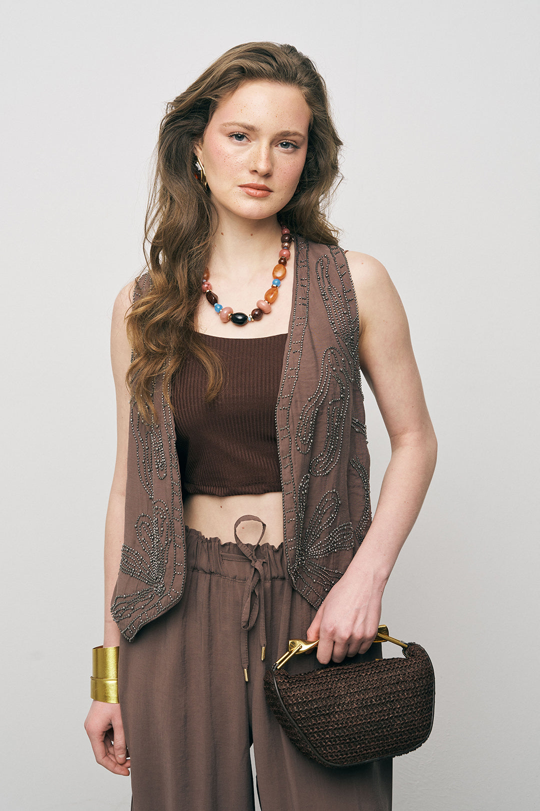 Orfeonegro Boncuk İşlemeli Kısa Kahve Yelek