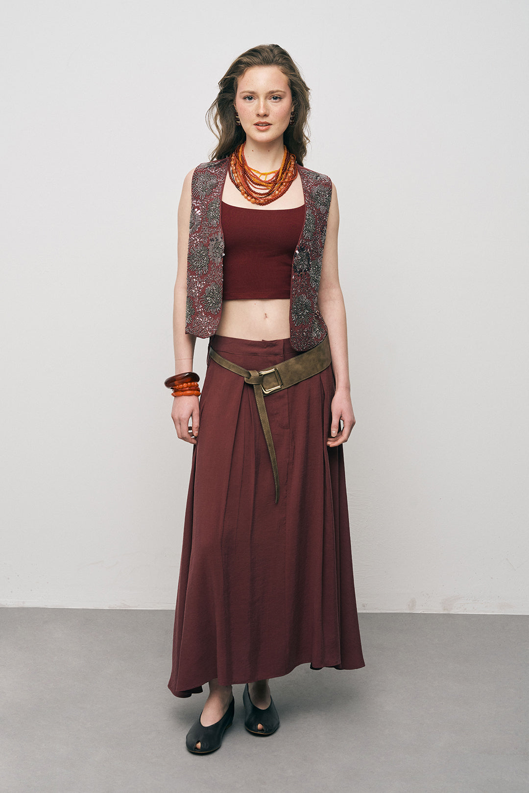 Orfeonegro İşleme ve Pul Detaylı Bordo Kısa Yelek