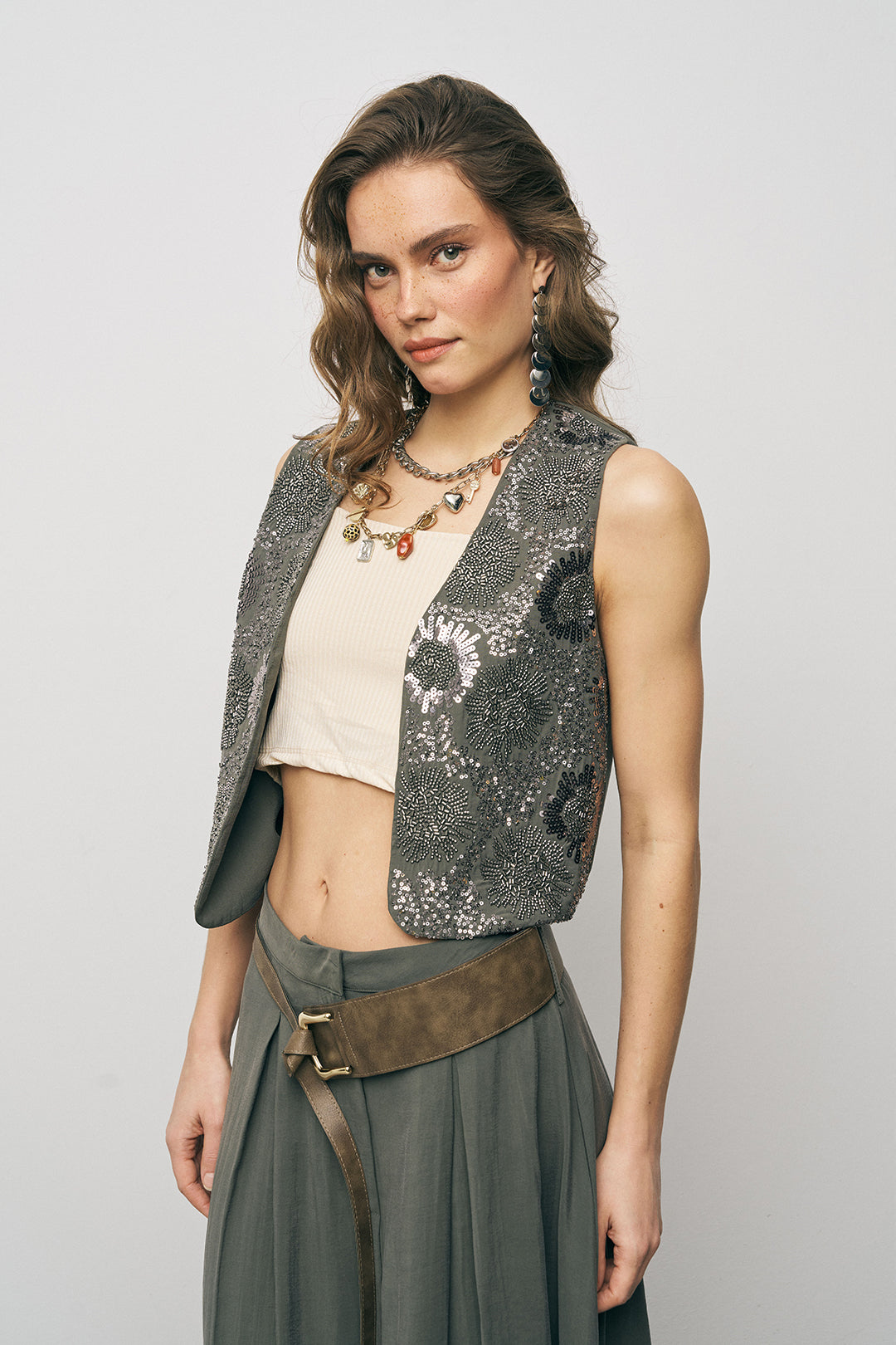 Orfeonegro İşleme ve Pul Detaylı Haki Kısa Yelek