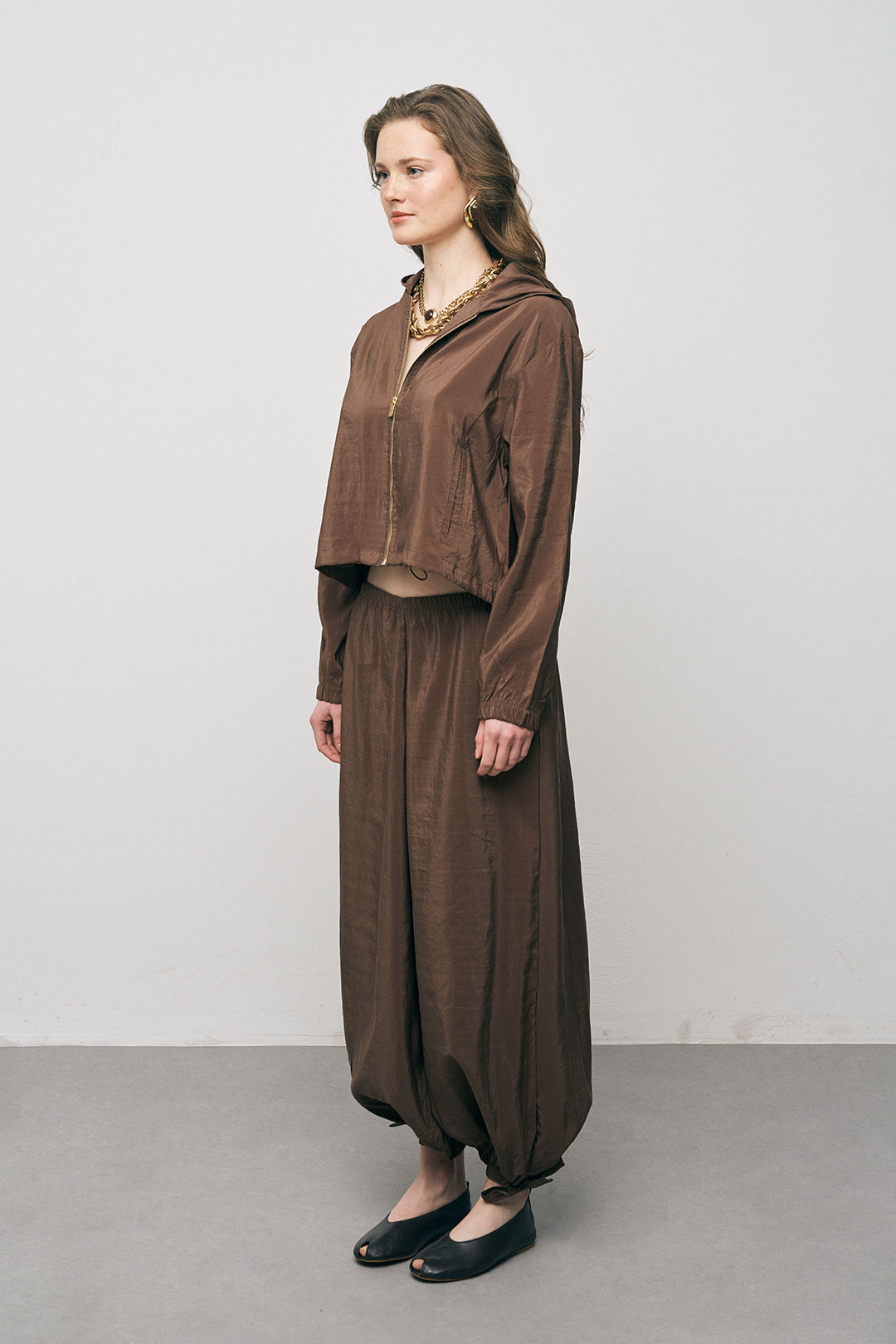 Orfeonegro Kahve Kapüşonlu Fermuarlı Lastikli Bel Detaylı Crop Ceket