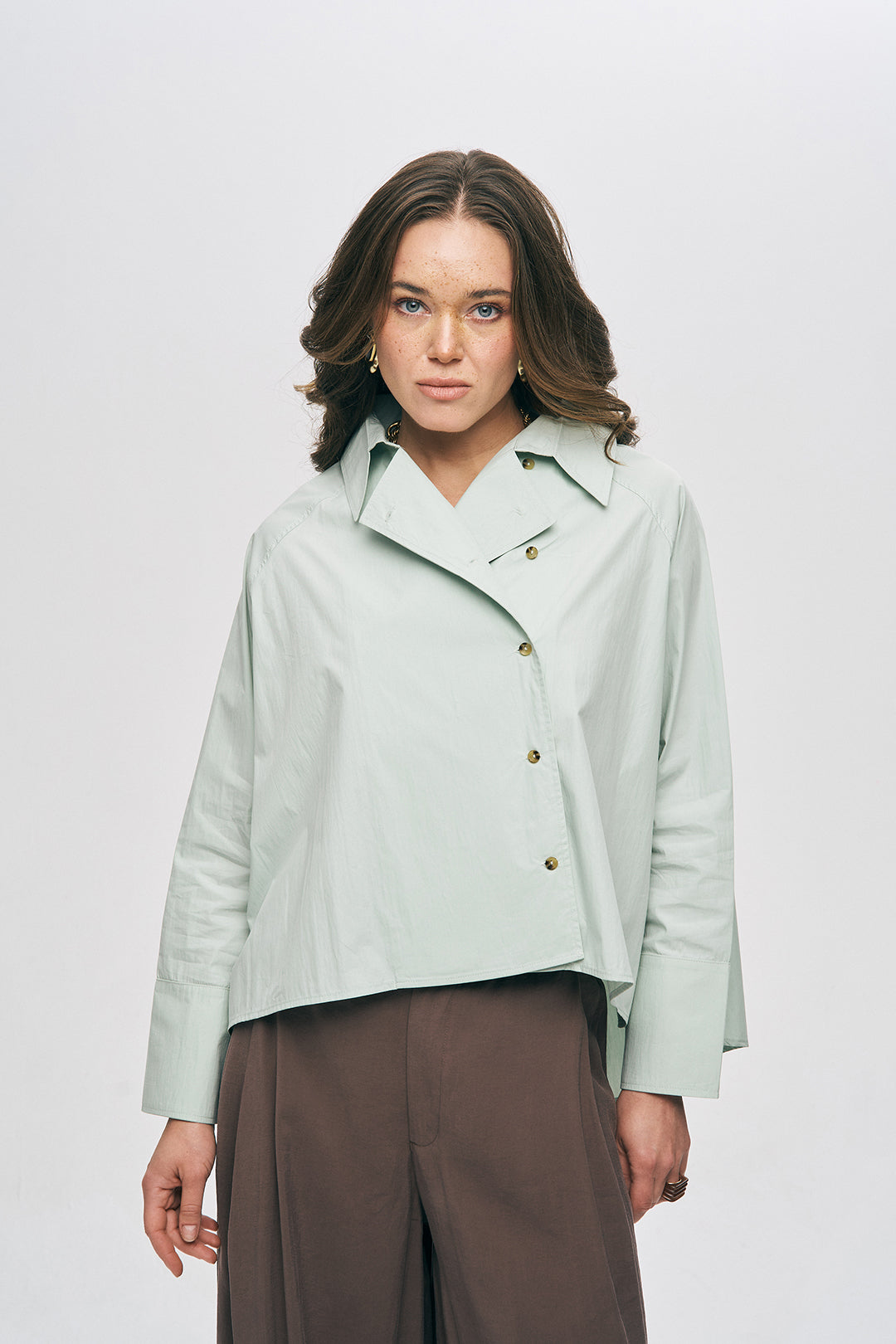 Orfeonegro Kruvaze Görünümlü Modern Kesim Mint Gömlek