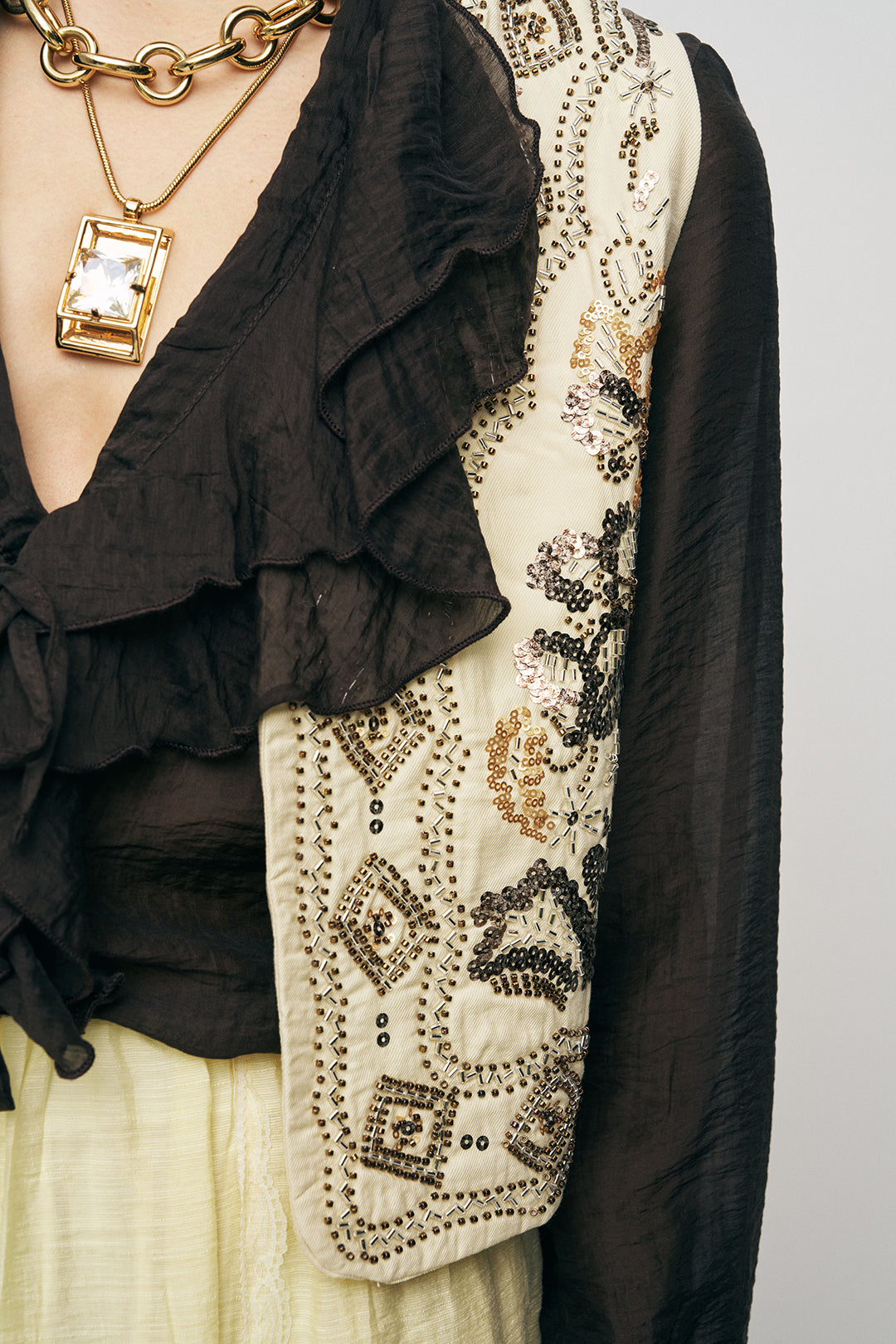 Orfeonegro Boncuk ve Nakışlı Kısa Sarı Yelek