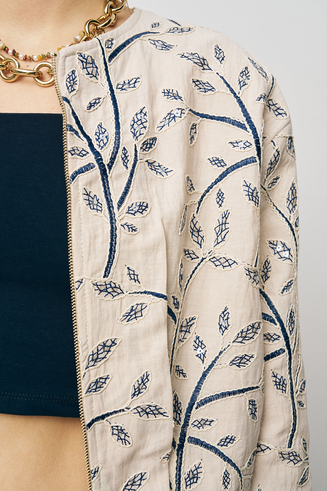 Orfeonegro Yaprak Nakışlı Fermuarlı Crop Tasarım Laci Ceket