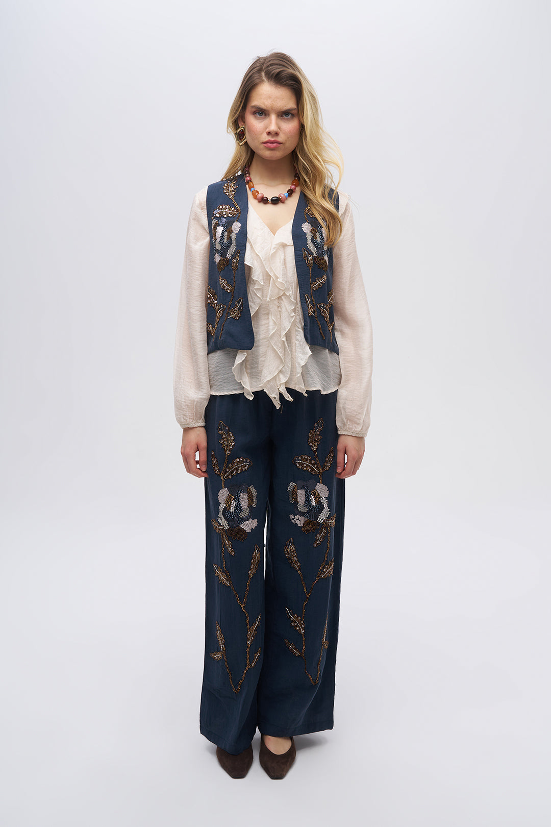 Toptan Kadın Boncuk İşlemeli Tencel Yelek