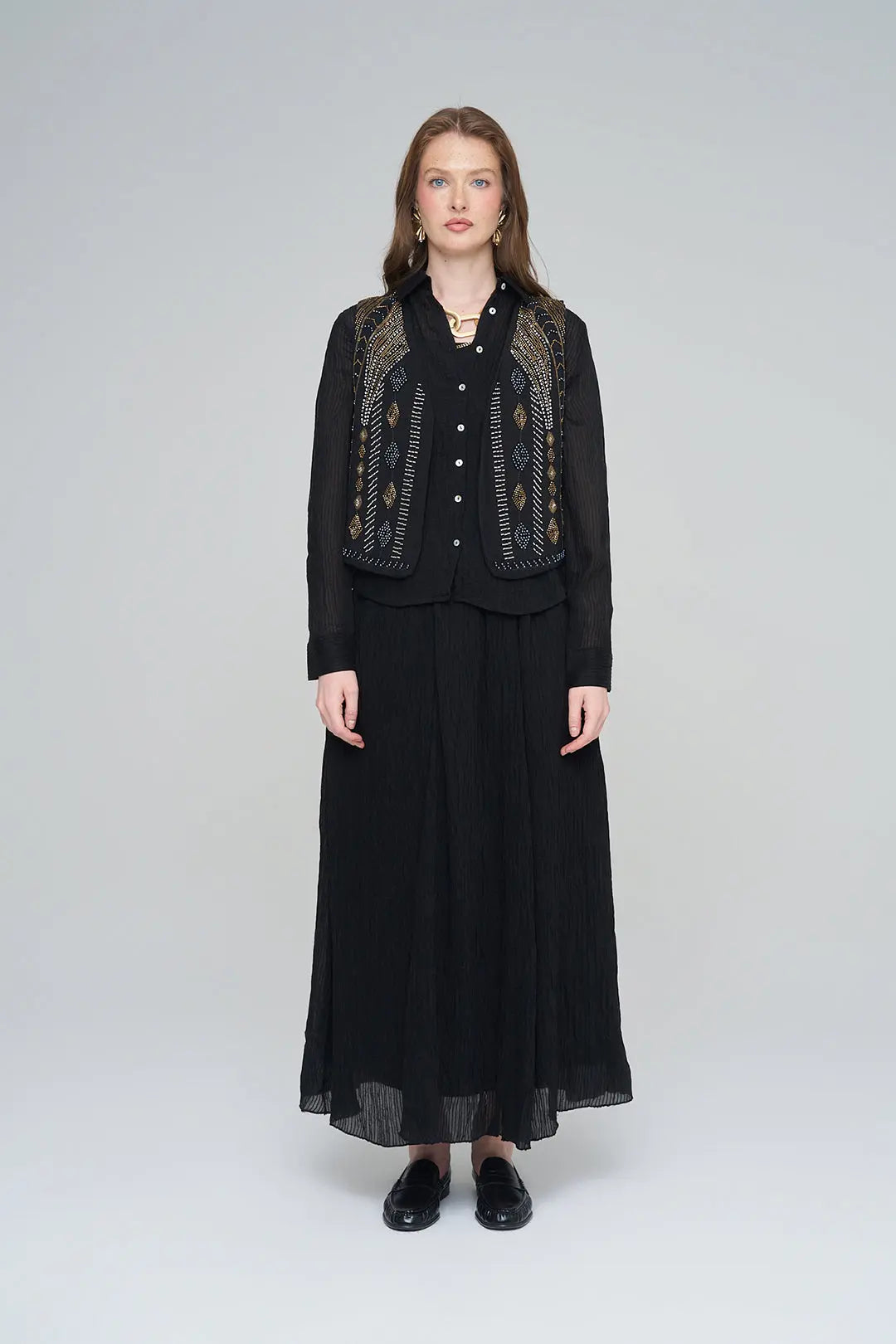 Orfeonegro Boncuk İşlemeli Özel Tasarım Tencel Yelek Siyah ORFEONEGRO