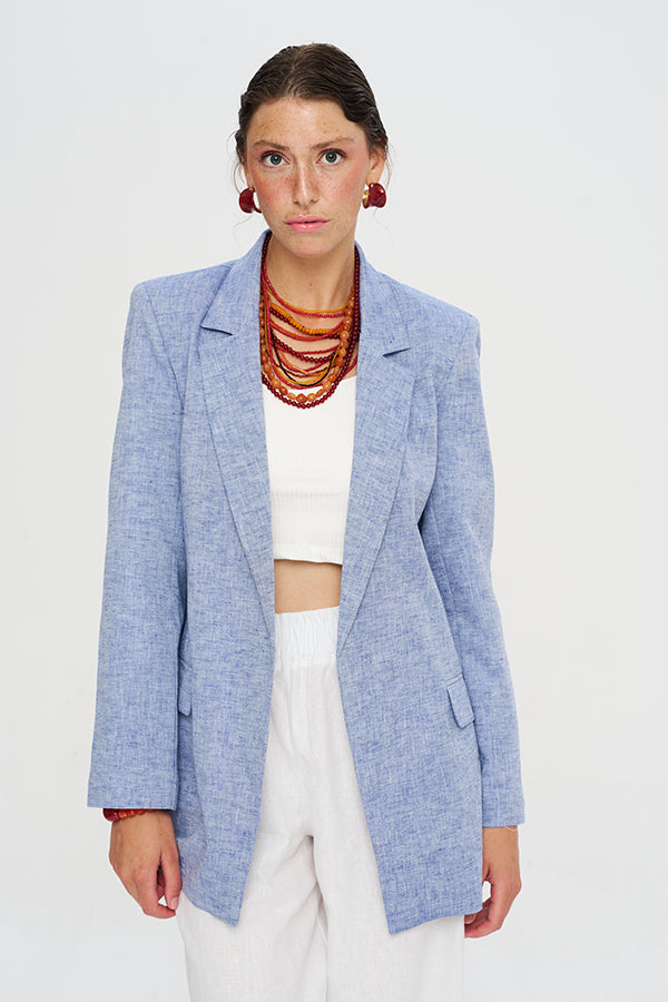 Toptan Keten Karışımlı Astarlı Mavi Kadın Blazer Ceket