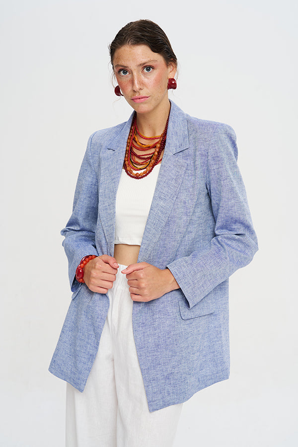 Toptan Keten Karışımlı Astarlı Mavi Kadın Blazer Ceket