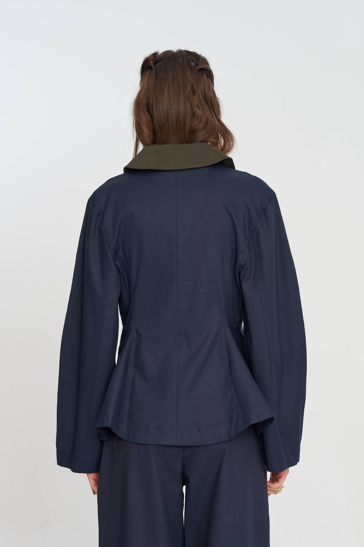 Toptan Kontrast Yakalı Tencel Karışımlı Kadın Ceket Lacivert
