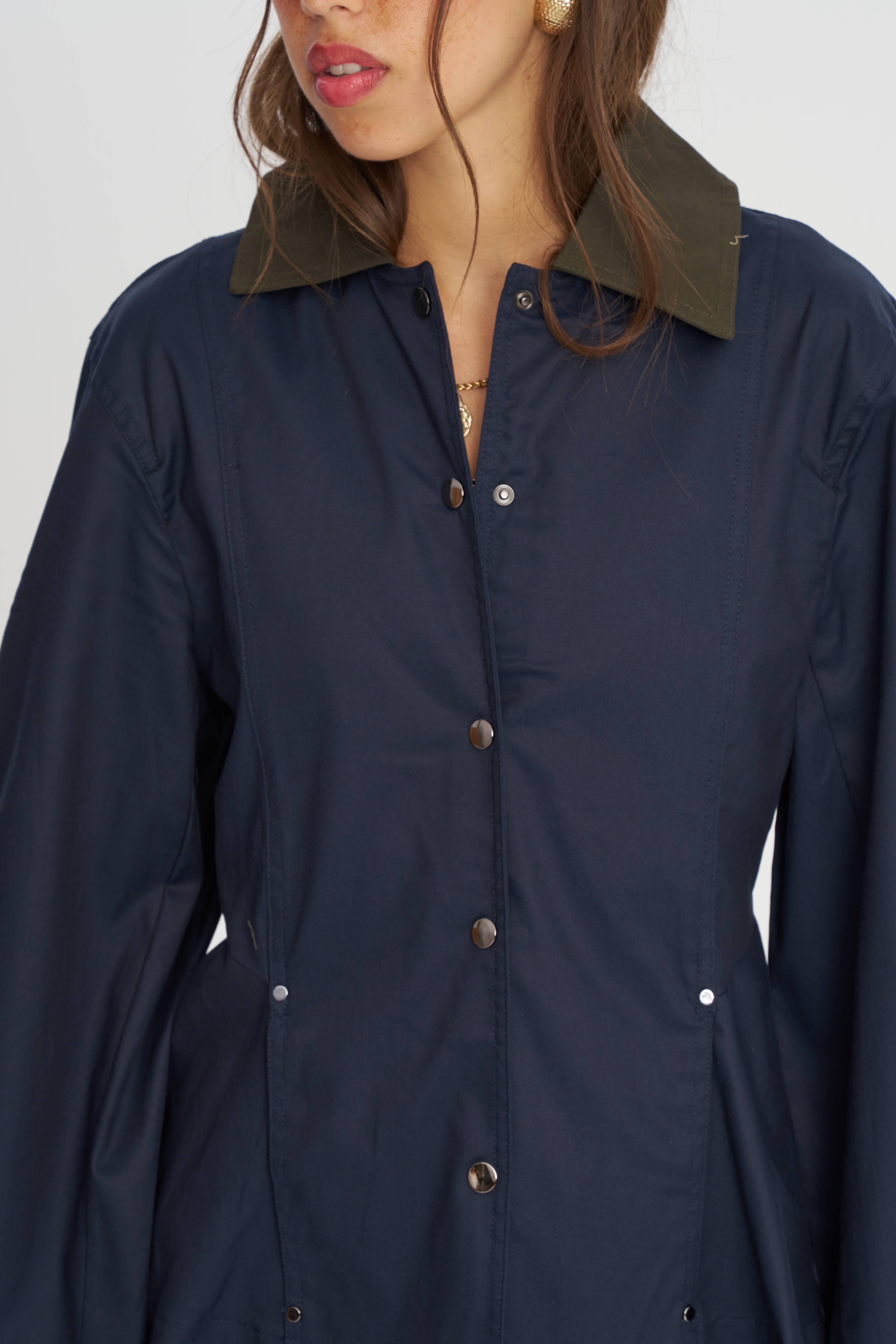 Toptan Kontrast Yakalı Tencel Karışımlı Kadın Ceket Lacivert