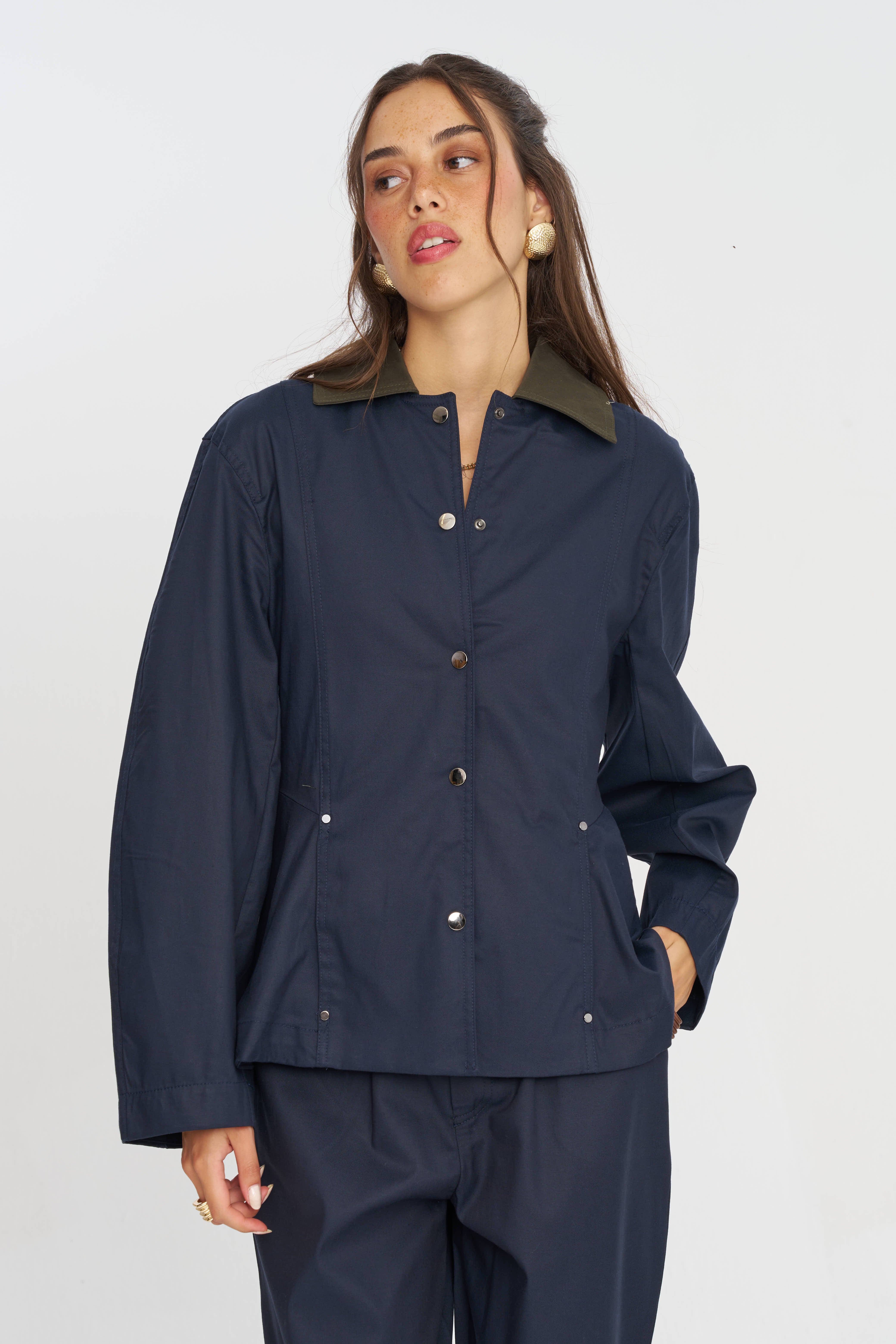 Toptan Kontrast Yakalı Tencel Karışımlı Kadın Ceket Lacivert