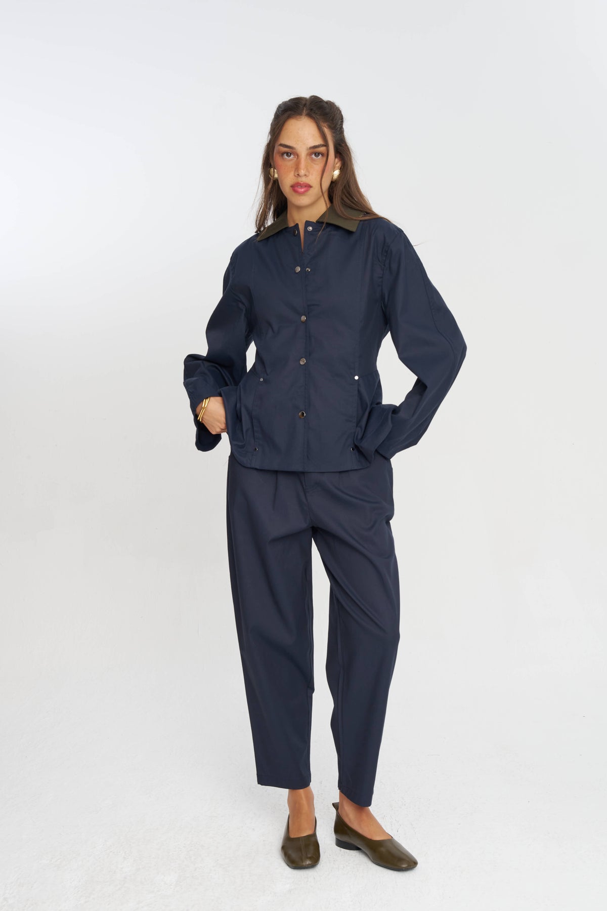 Toptan Kontrast Yakalı Tencel Karışımlı Kadın Ceket Lacivert