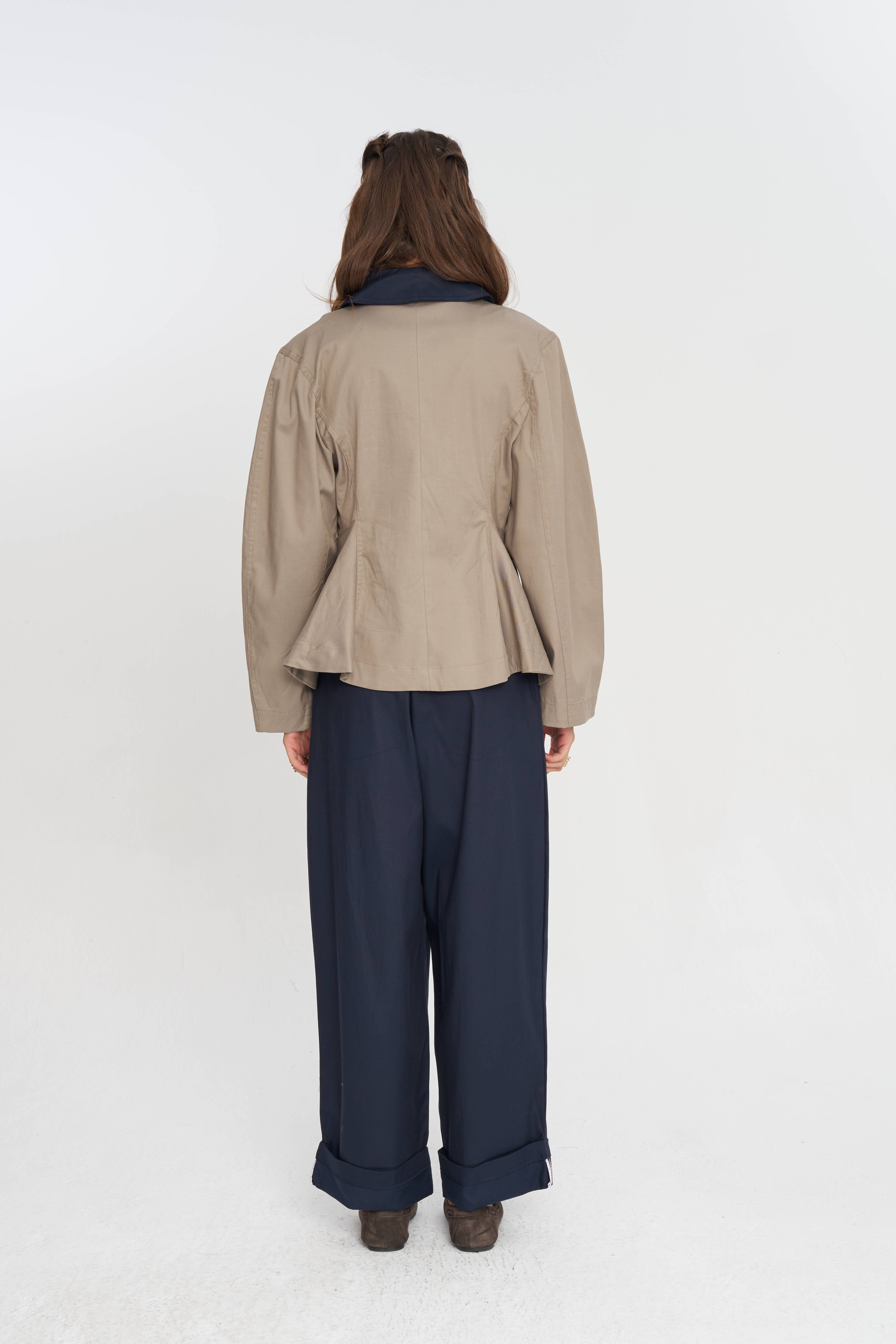 Toptan Kontrast Yakalı Tencel Karışımlı Kadın Ceket Vizon
