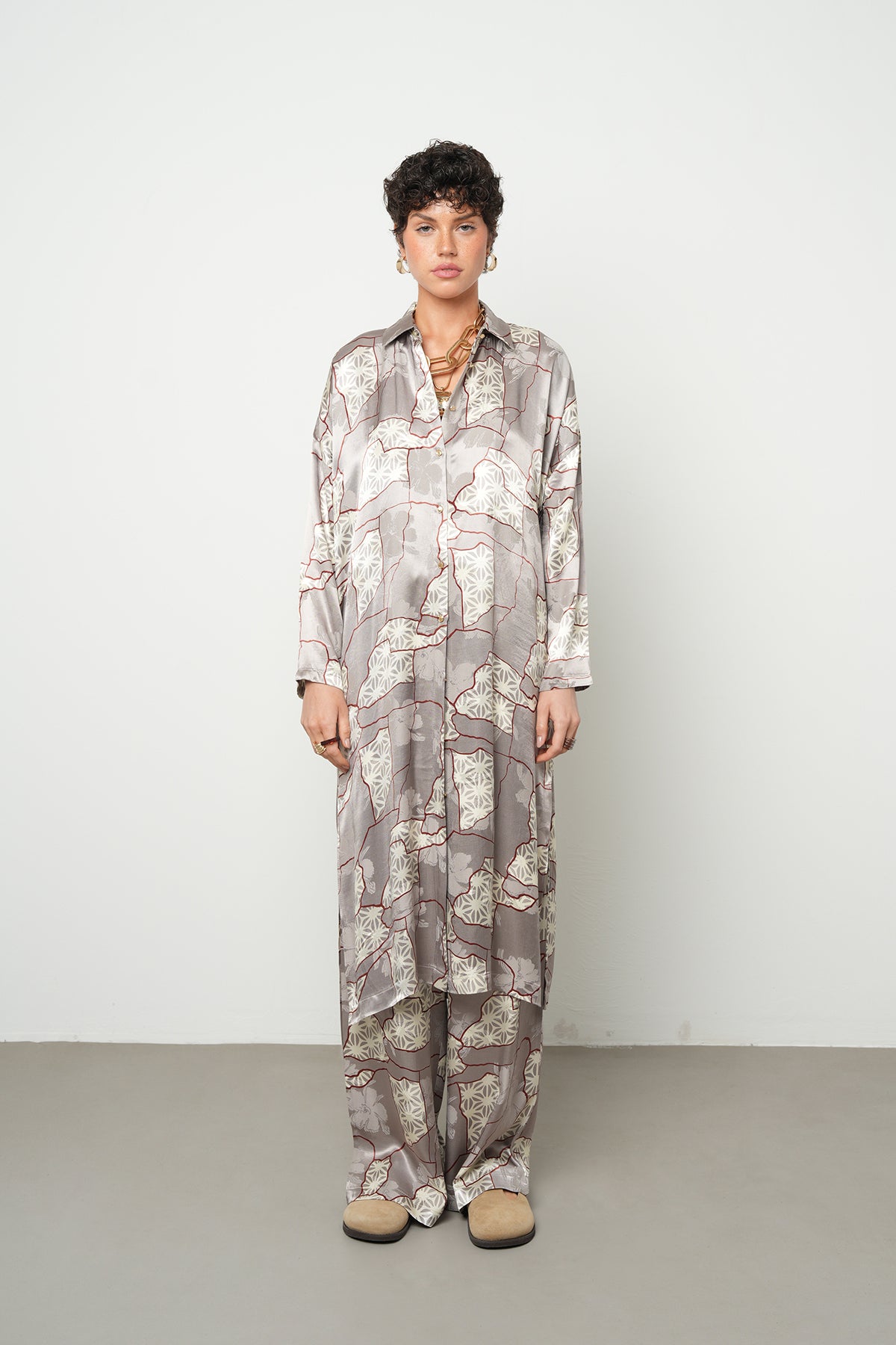 Orfeonegro Geometrik Desenli Uzun Saten Gömlek