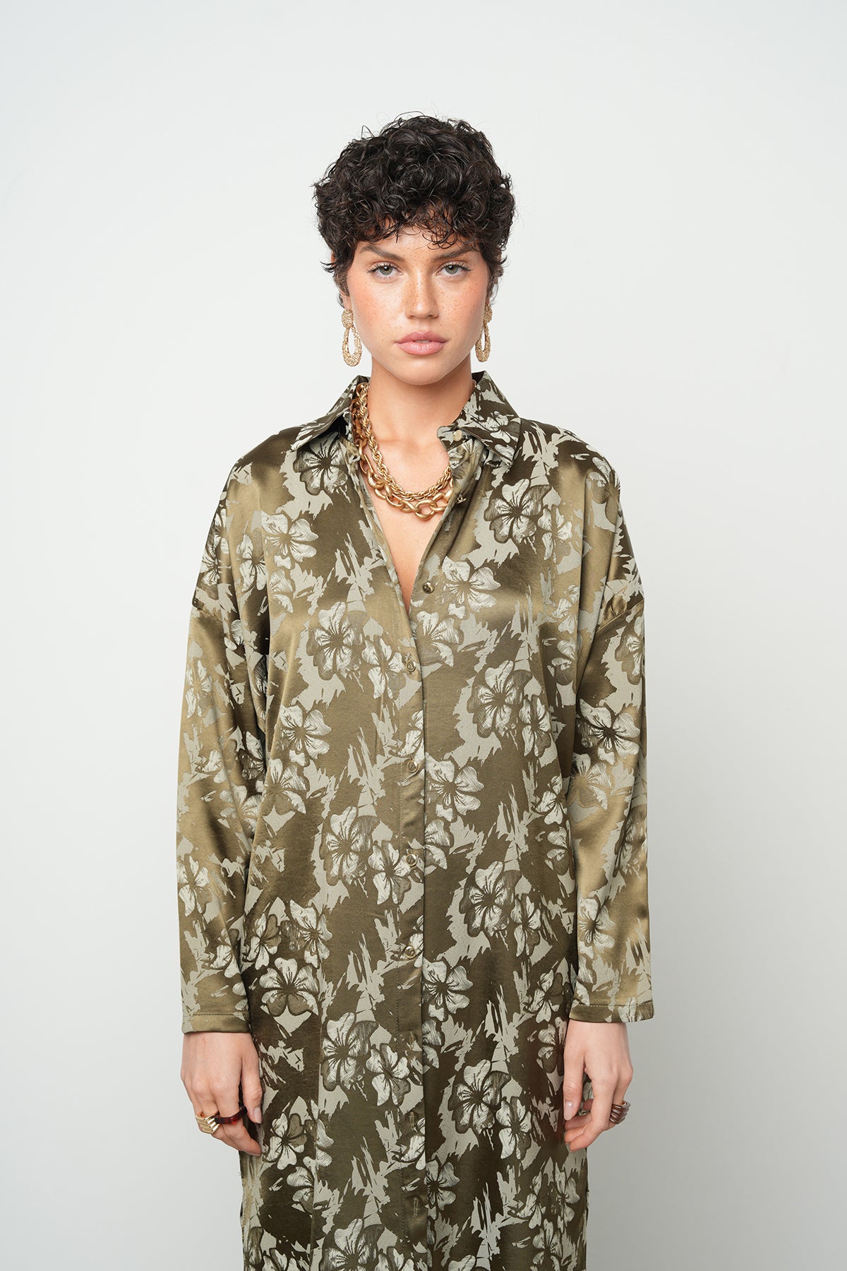 Orfeonegro Çiçek Desenli Saten Uzun Tunik Gömlek