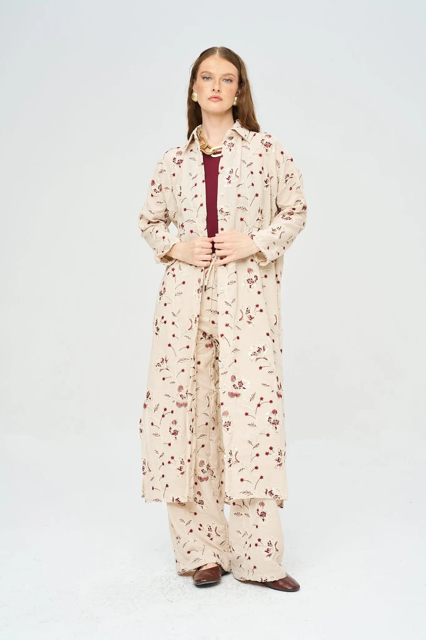 Çiçek Nakışlı ve Pullu Bohem Stil Maxi Elbise Bordo ORFEONEGRO