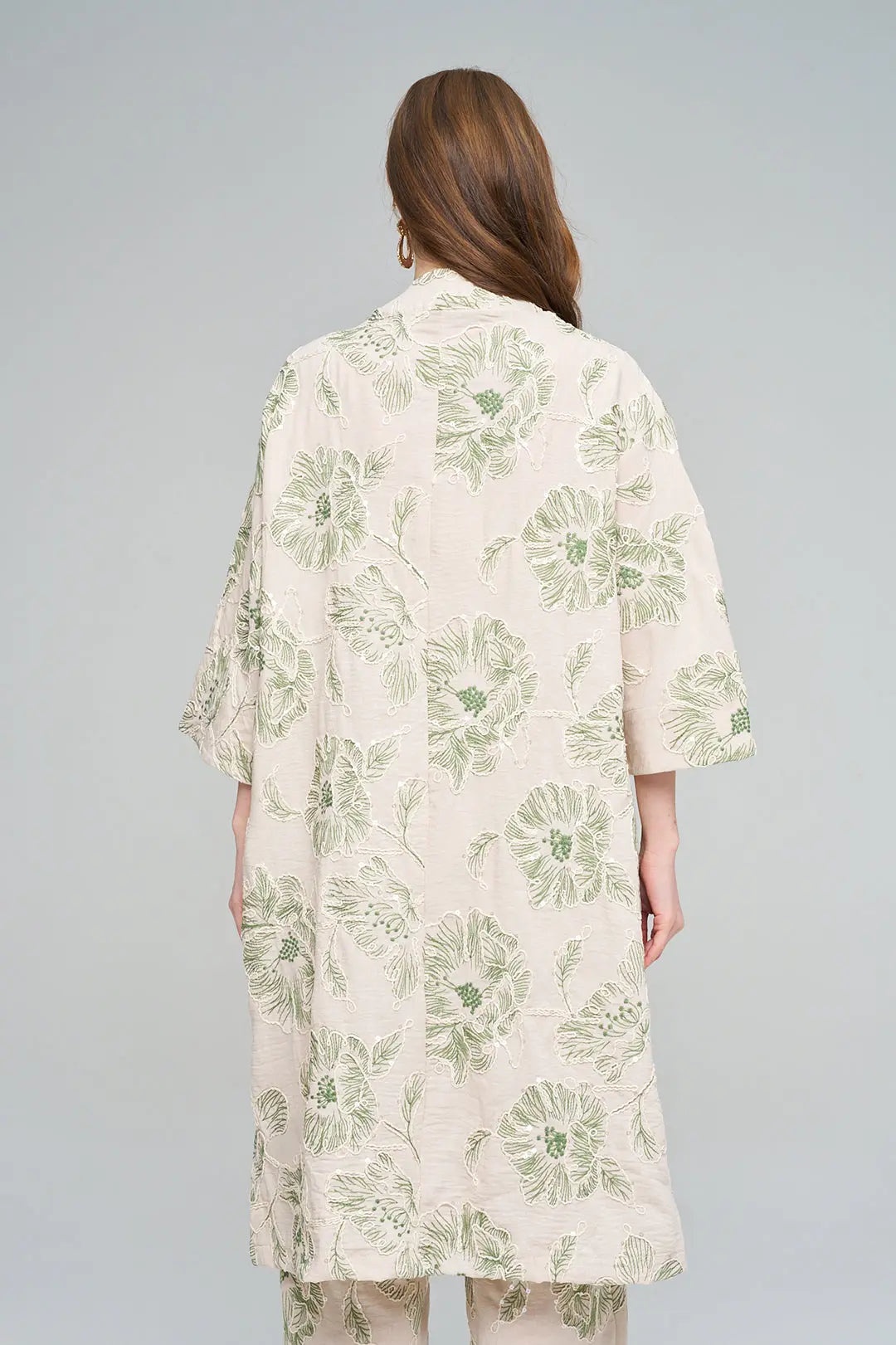 Çiçek Nakışlı ve Payet Detaylı Oversize Kimono Yeşil ORFEONEGRO
