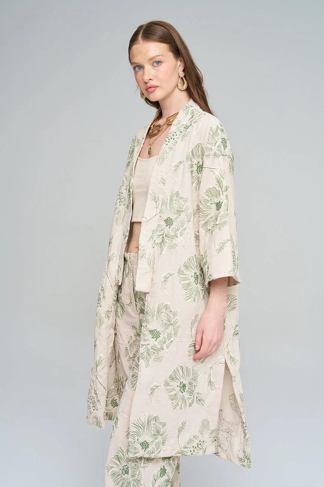 Çiçek Nakışlı ve Payet Detaylı Oversize Kimono Yeşil ORFEONEGRO