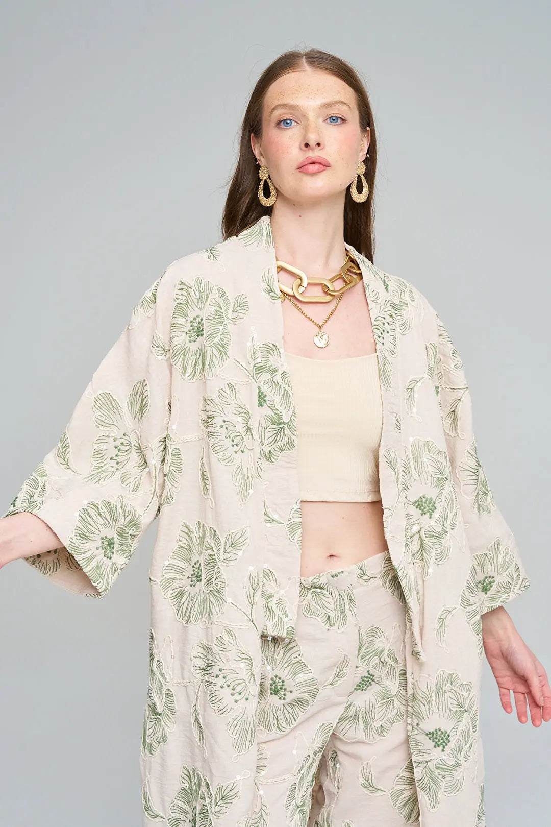 Çiçek Nakışlı ve Payet Detaylı Oversize Kimono Yeşil ORFEONEGRO