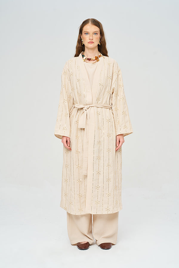 Toptan Boncuk İşlemeli Kemerli Kimono ve Atlet Takım Sarı