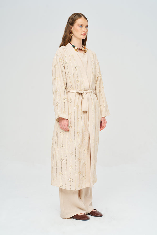 Toptan Boncuk İşlemeli Kemerli Kimono ve Atlet Takım Sarı