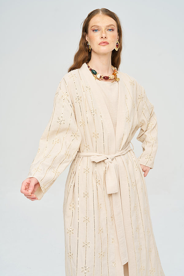 Toptan Boncuk İşlemeli Kemerli Kimono ve Atlet Takım Sarı