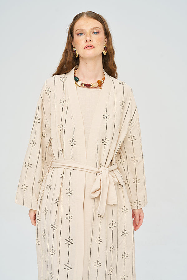 Toptan Boncuk İşlemeli Kemerli Kimono ve Atlet Takım Siyah