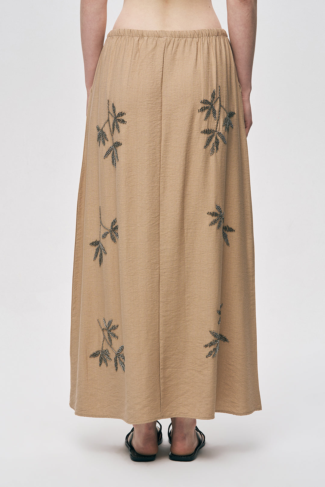 Orfeonegro Bej Yaprak Nakışlı Beli Bağcıklı Uzun Maxi Etek