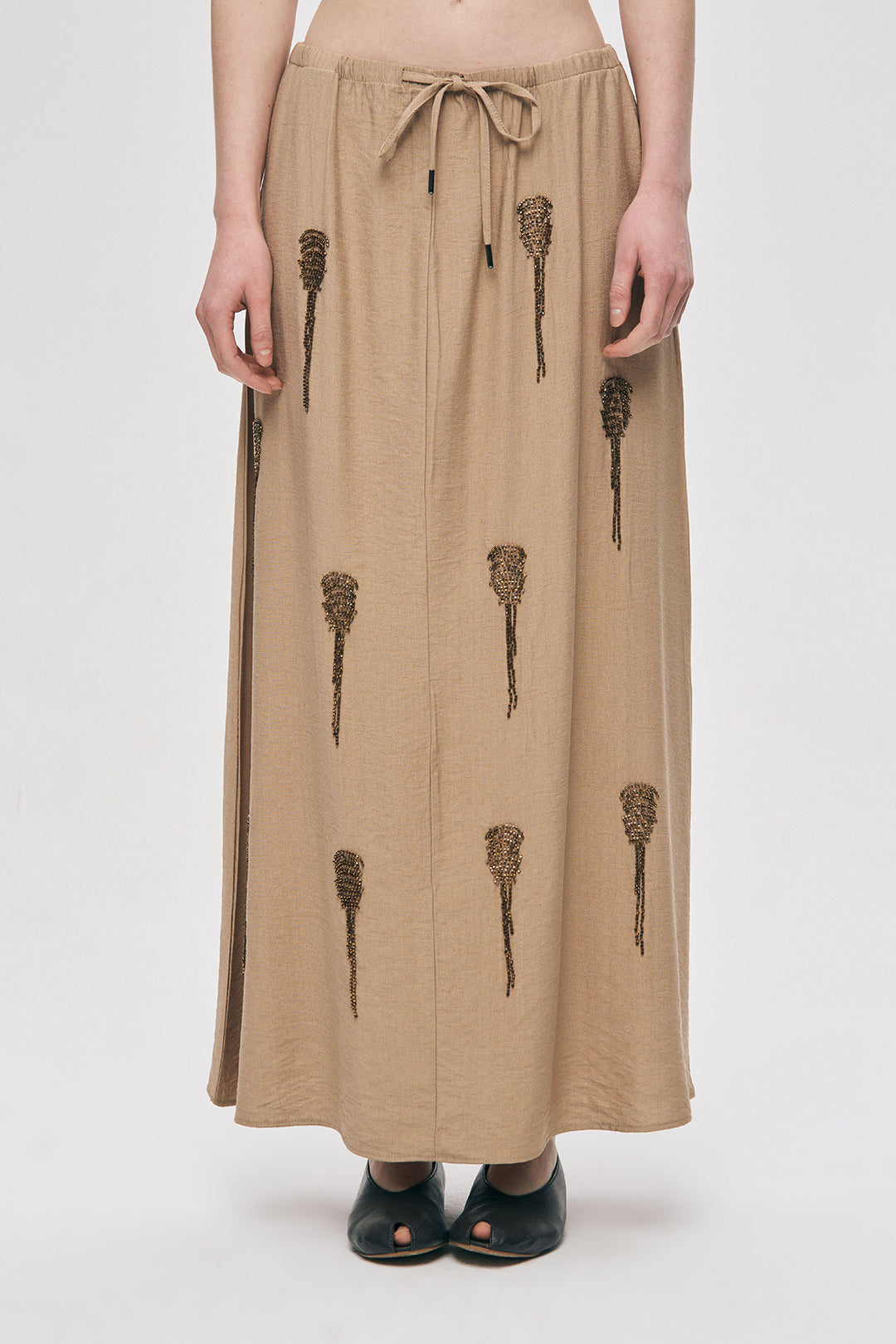 Orfeonegro Boncuk İşlemeli Beli Lastikli ve Bağcıklı Uzun Etek Bej