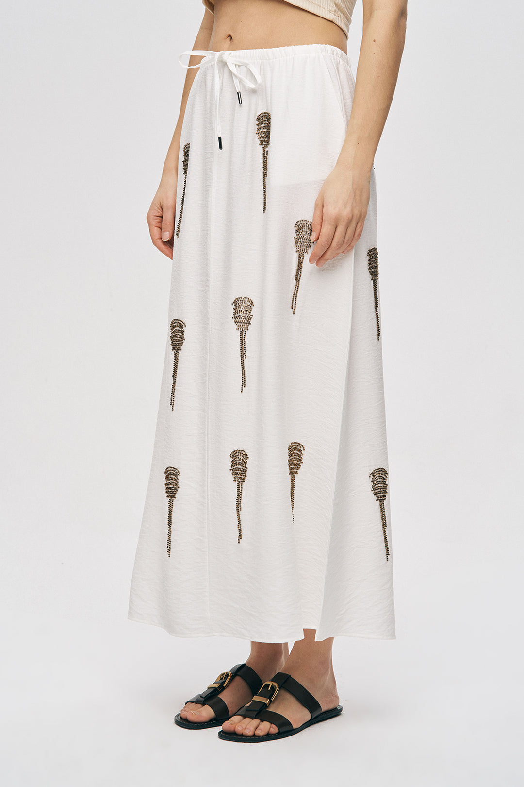 Orfeonegro Boncuk İşlemeli Beli Lastikli ve Bağcıklı Uzun Etek Ekru