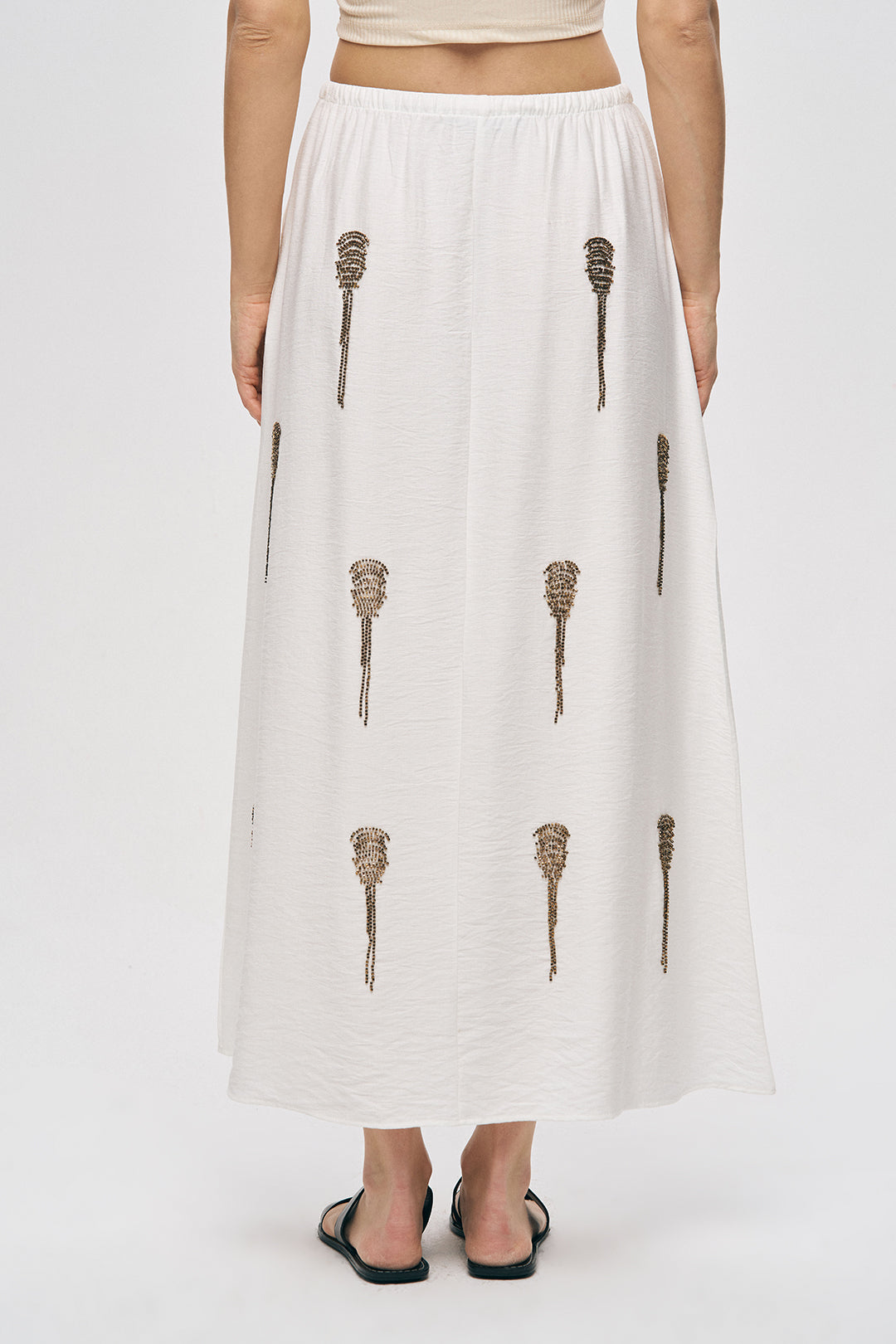 Orfeonegro Boncuk İşlemeli Beli Lastikli ve Bağcıklı Uzun Etek Ekru