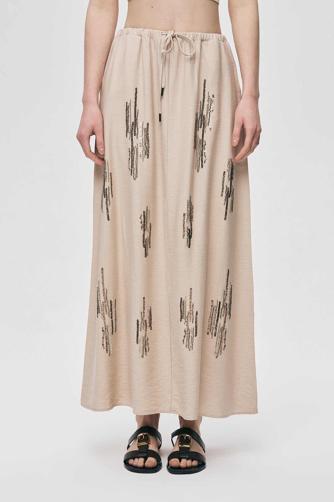 Orfeonegro Açık Bej Parıltılı İşleme Detaylı Beli Bağcıklı Maxi Boy Etek