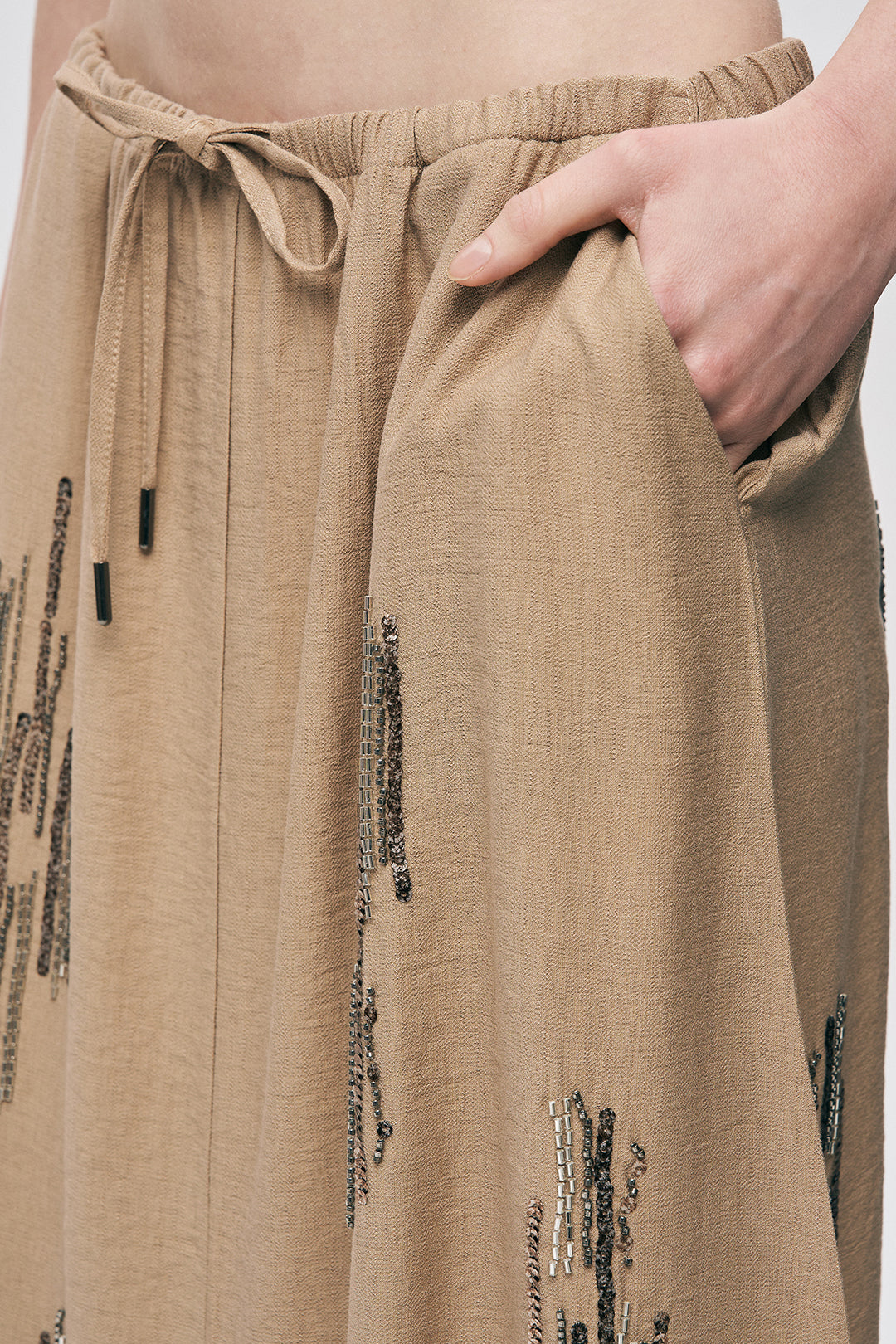 Orfeonegro Bej Parıltılı İşleme Detaylı Beli Bağcıklı Maxi Boy Etek