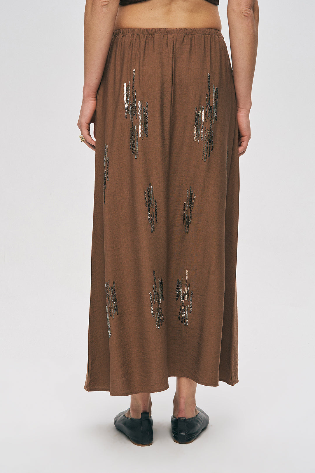 Orfeonegro Kahve Parıltılı İşleme Detaylı Beli Bağcıklı Maxi Boy Etek
