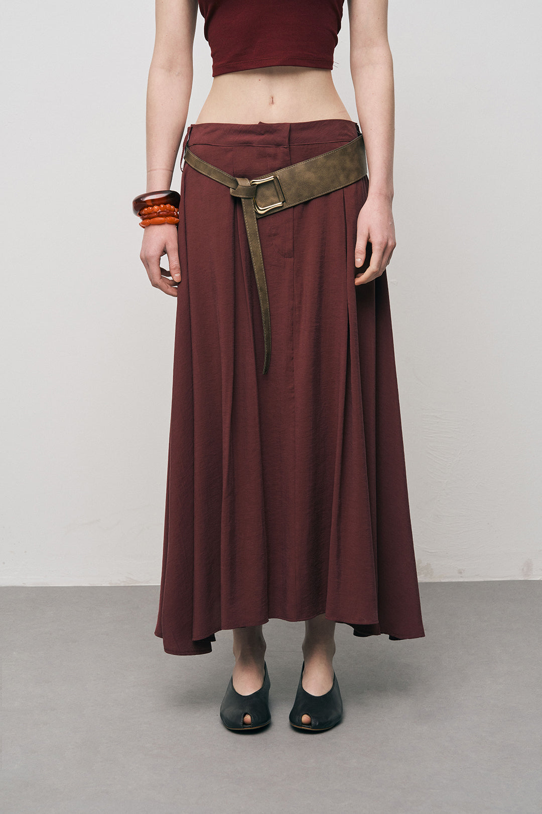 Orfeonegro Kemerli Kloş Bordo Midi Etek