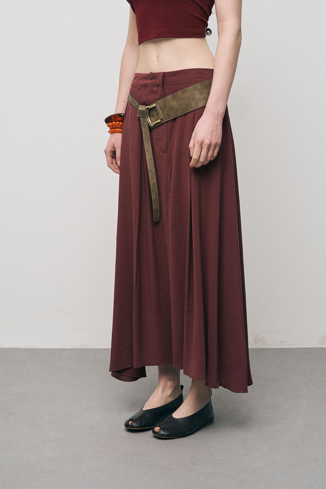 Orfeonegro Kemerli Kloş Bordo Midi Etek