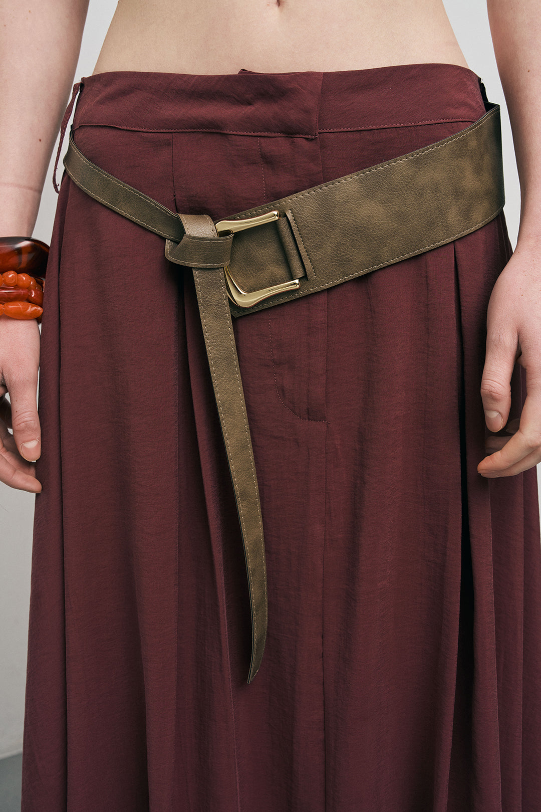 Orfeonegro Kemerli Kloş Bordo Midi Etek