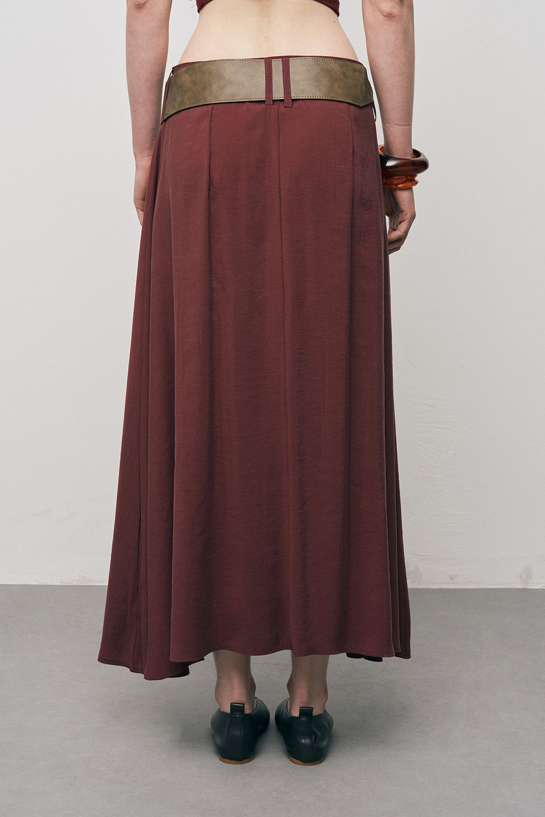 Orfeonegro Kemerli Kloş Bordo Midi Etek