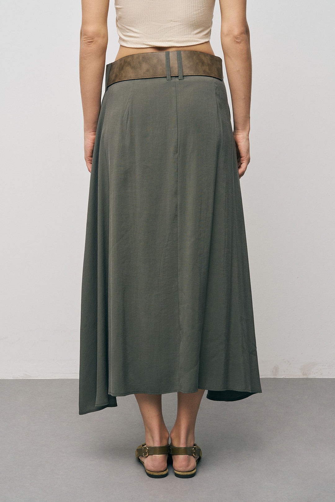 Orfeonegro Kemerli Kloş Haki Midi Etek