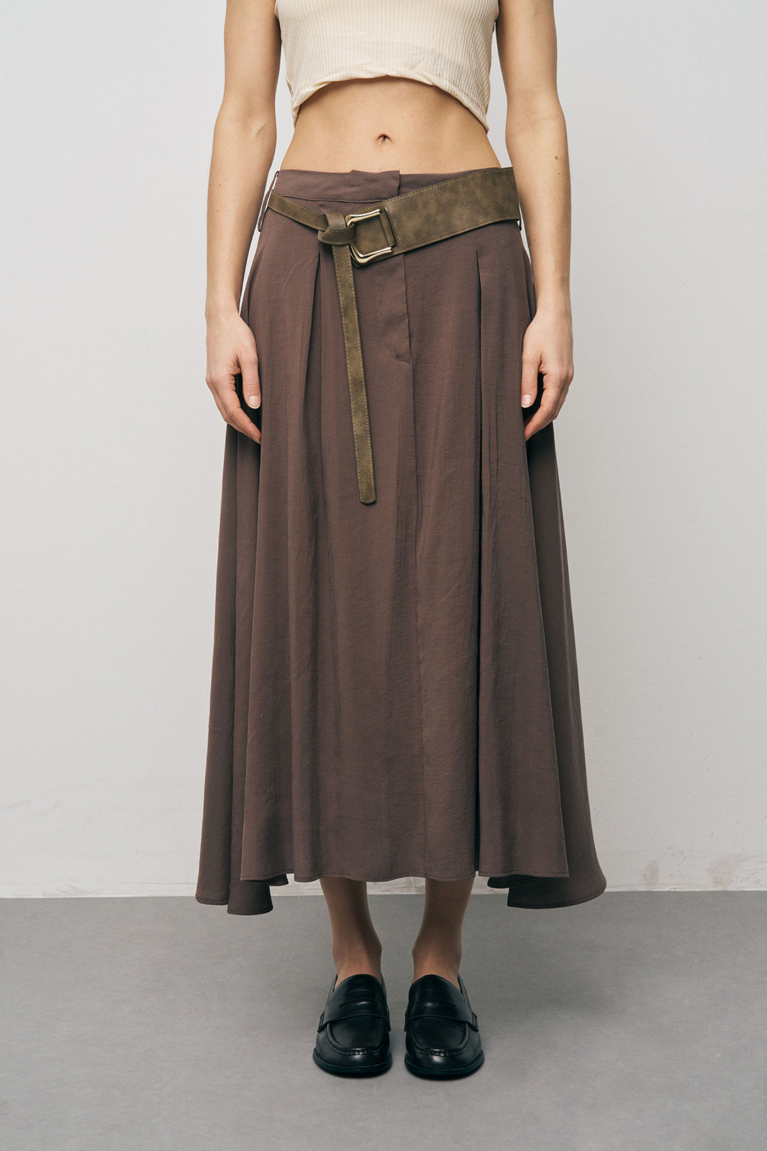 Orfeonegro Kemerli Kloş Kahve Midi Etek