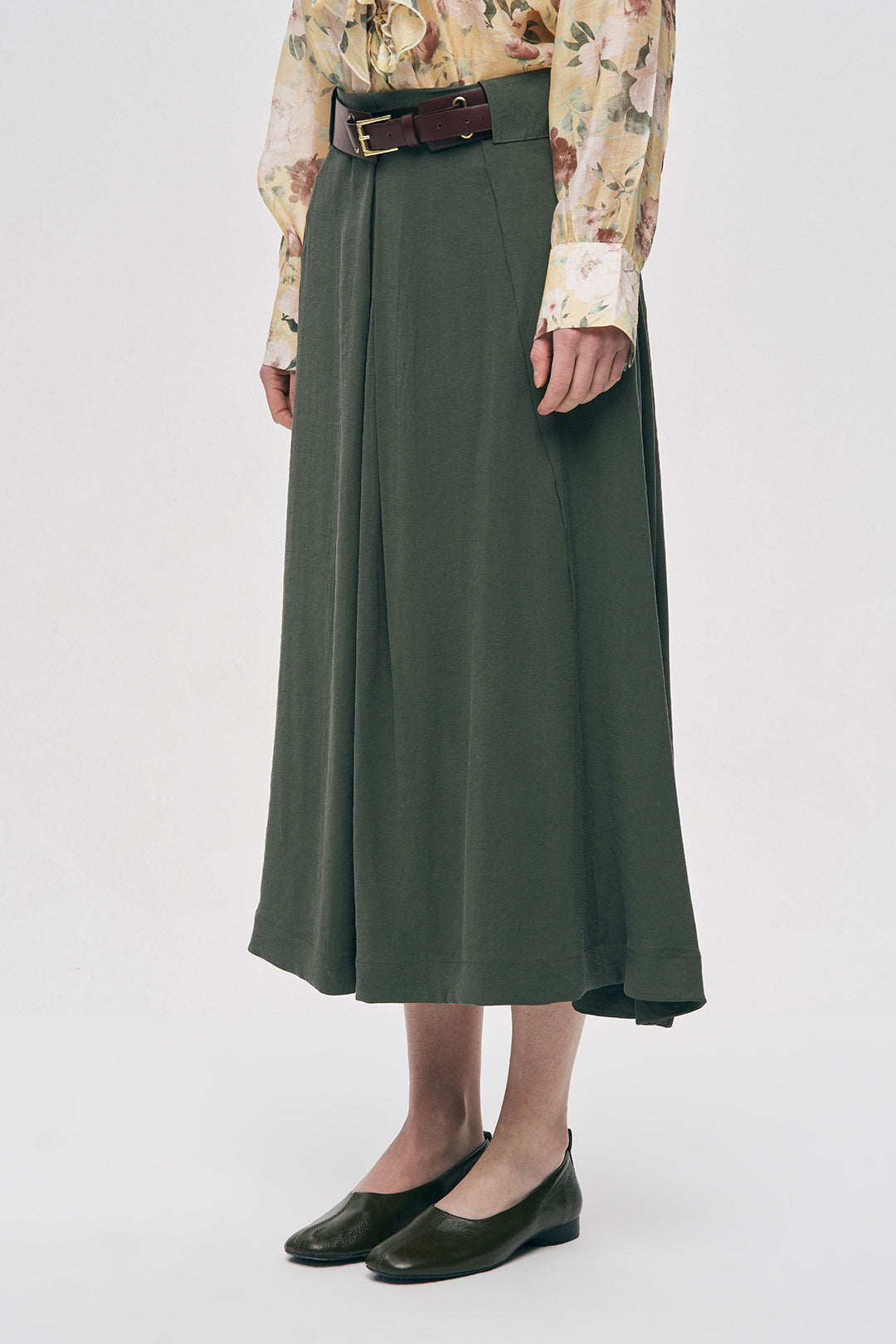 Orfeonegro Kemerli Pileli Midi Boy Haki Kumaş Etek