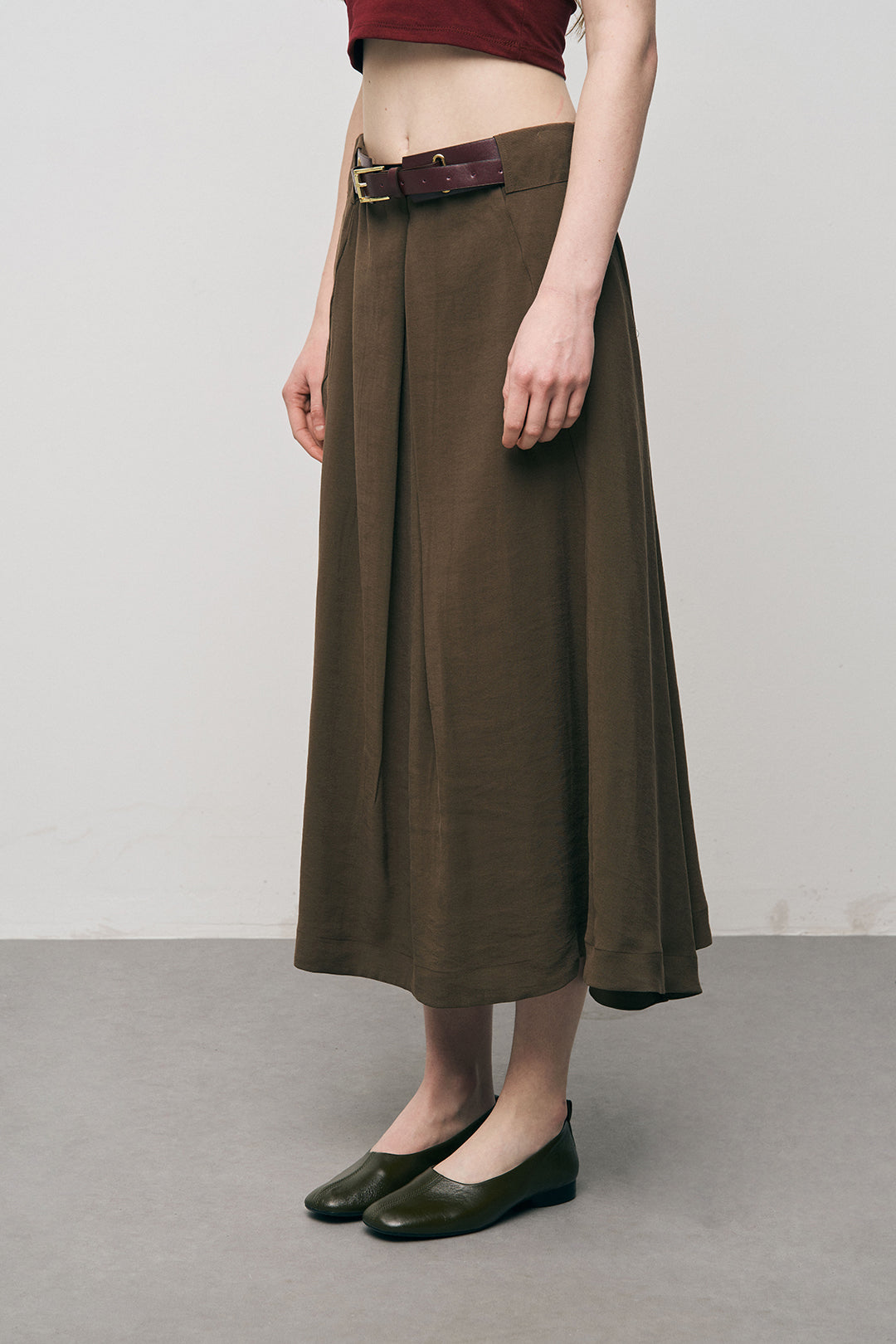 Orfeonegro Kemerli Pileli Midi Boy Kahve Kumaş Etek