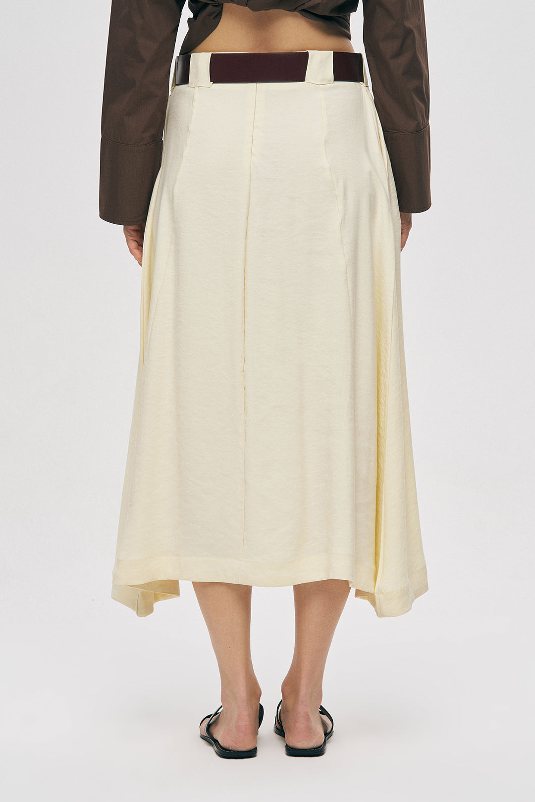 Orfeonegro Kemerli Pileli Midi Boy Sarı Kumaş Etek