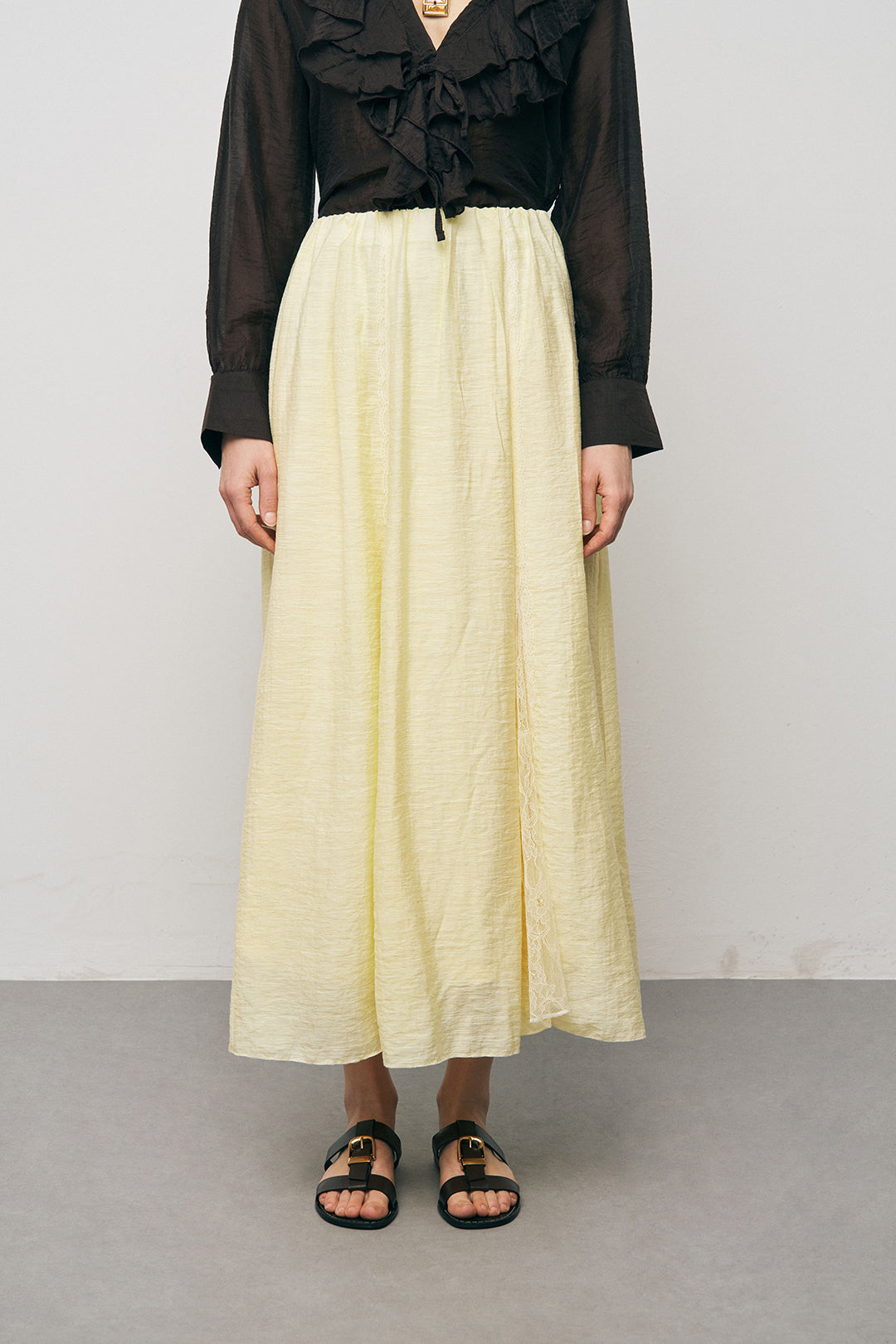 Orfeonegro Sarı Nakışlı ve Dantel Şerit Detaylı Maxi Boy Etek