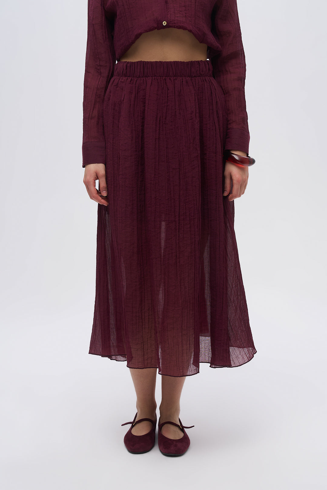 Beli Lastikli Çizgi Dokulu Yarı Astarlı Bordo Etek