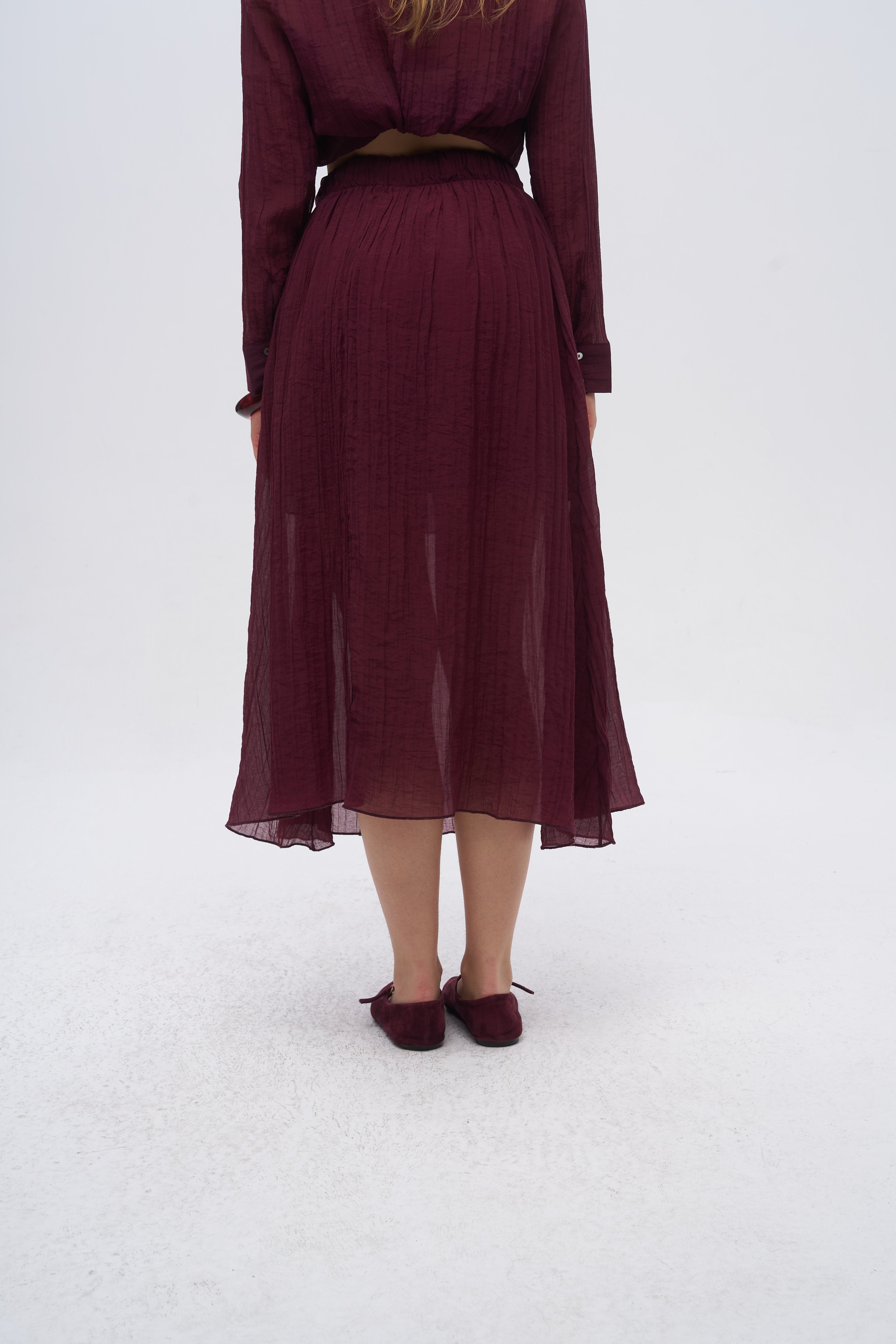 Beli Lastikli Çizgi Dokulu Yarı Astarlı Bordo Etek