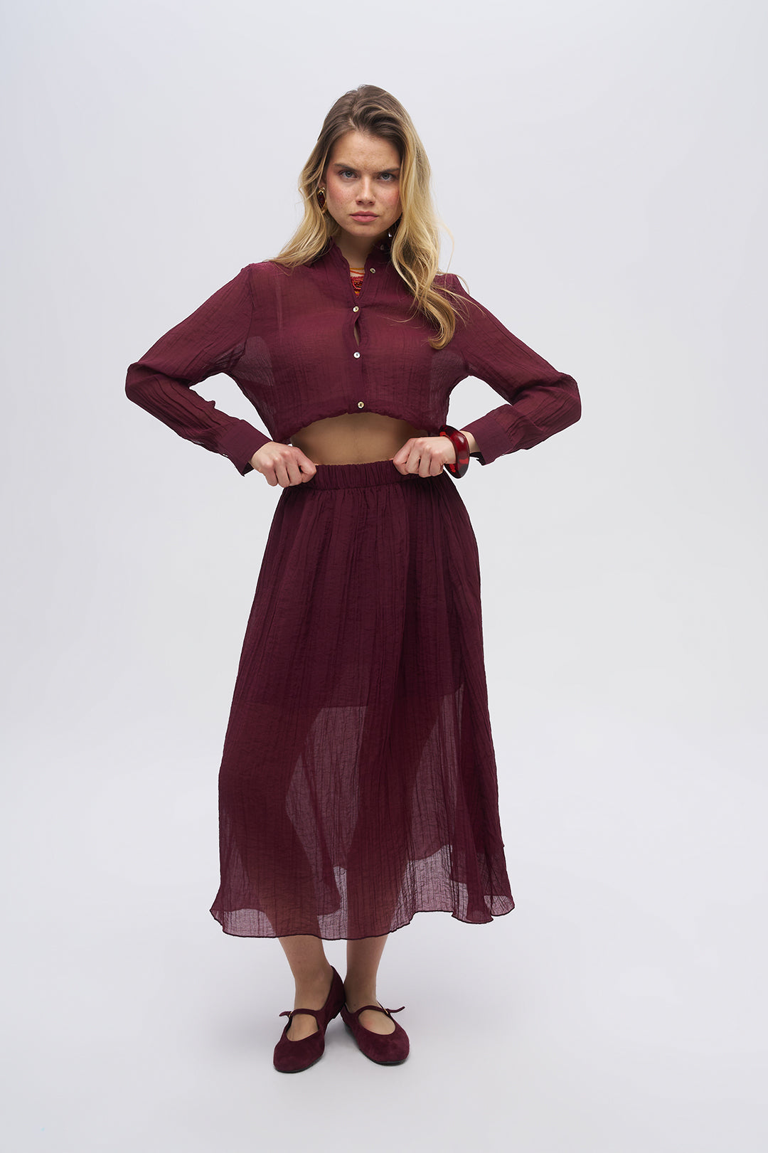 Beli Lastikli Çizgi Dokulu Yarı Astarlı Bordo Etek