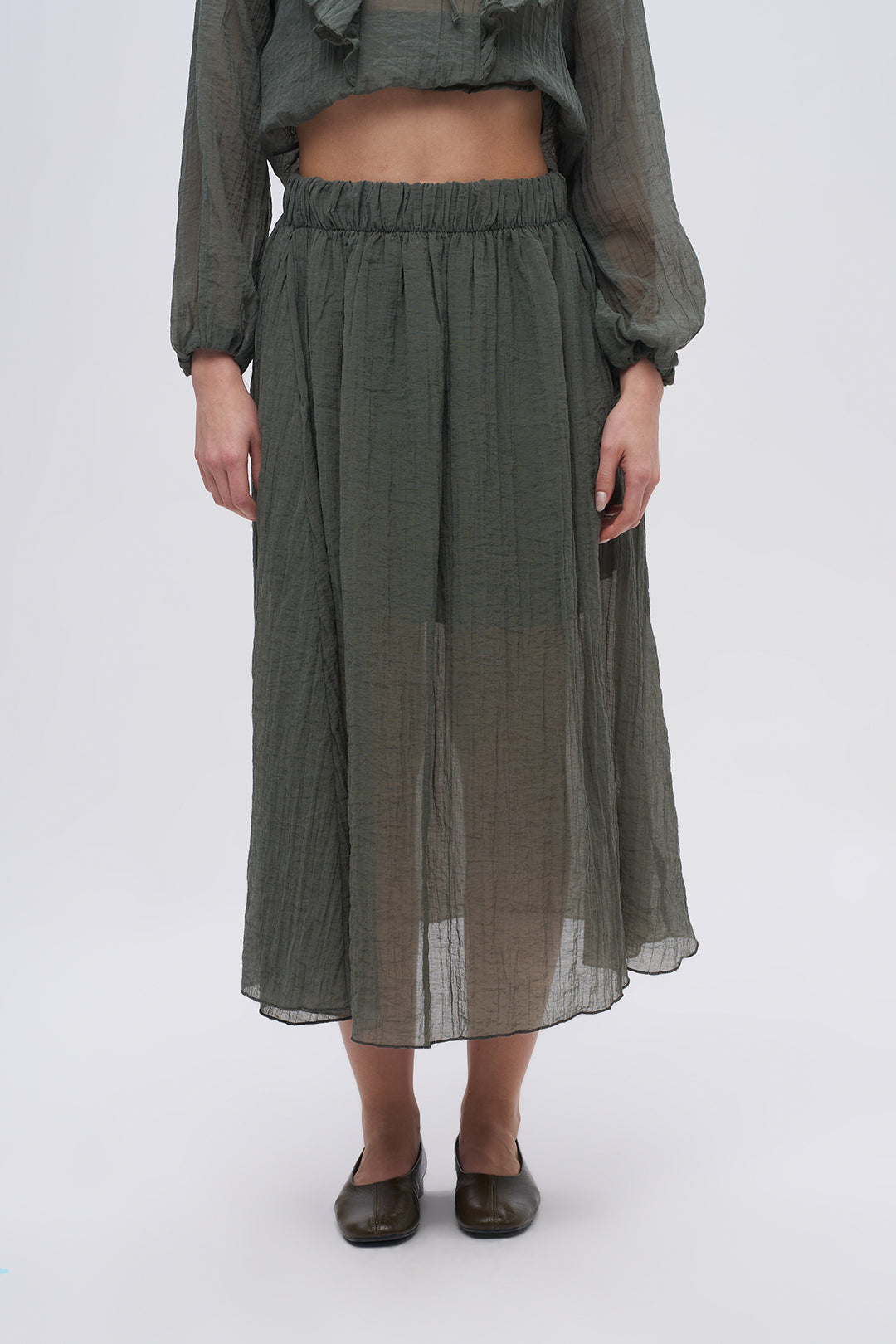 Beli Lastikli Çizgi Dokulu Yarı Astarlı Haki Etek