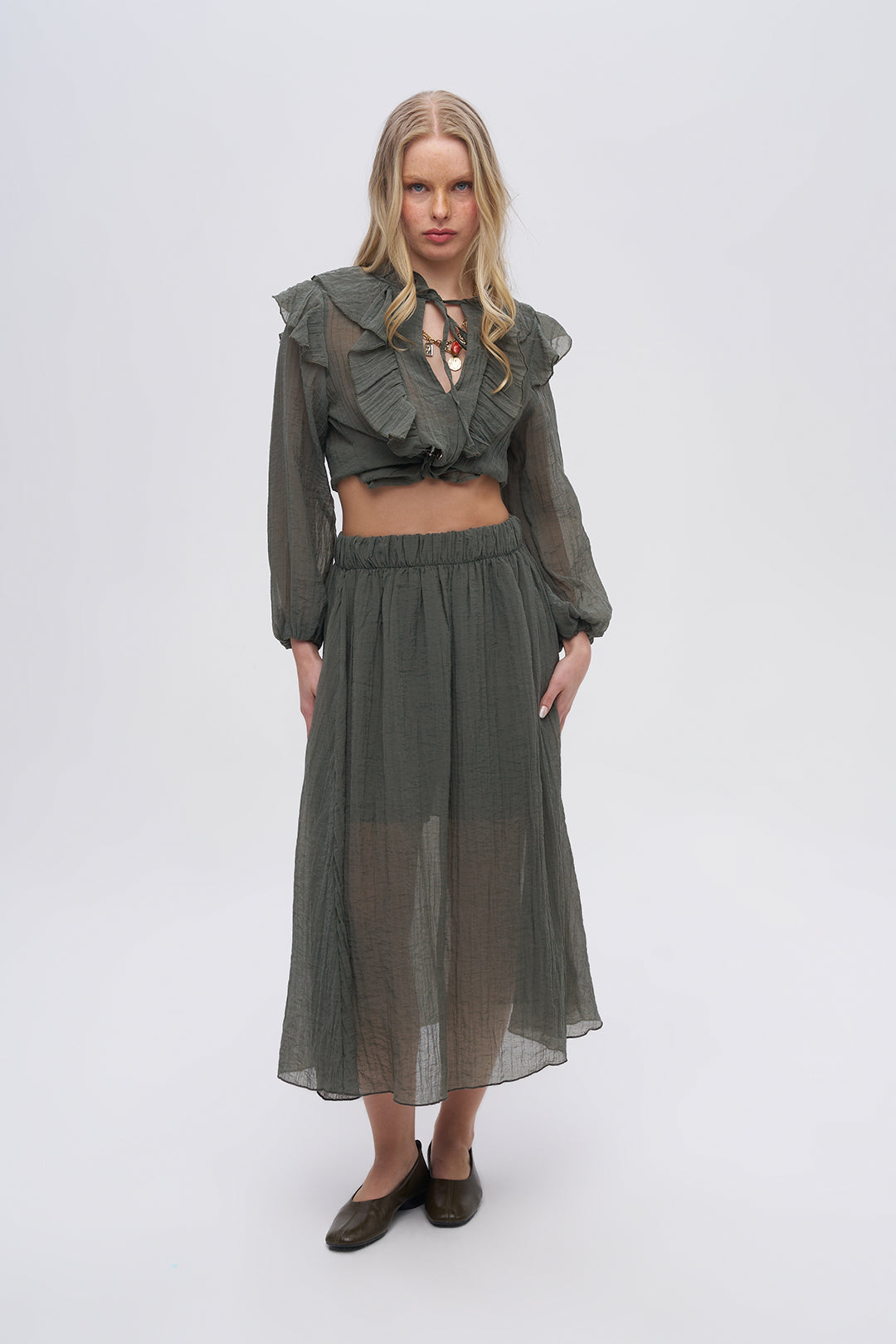 Beli Lastikli Çizgi Dokulu Yarı Astarlı Haki Etek